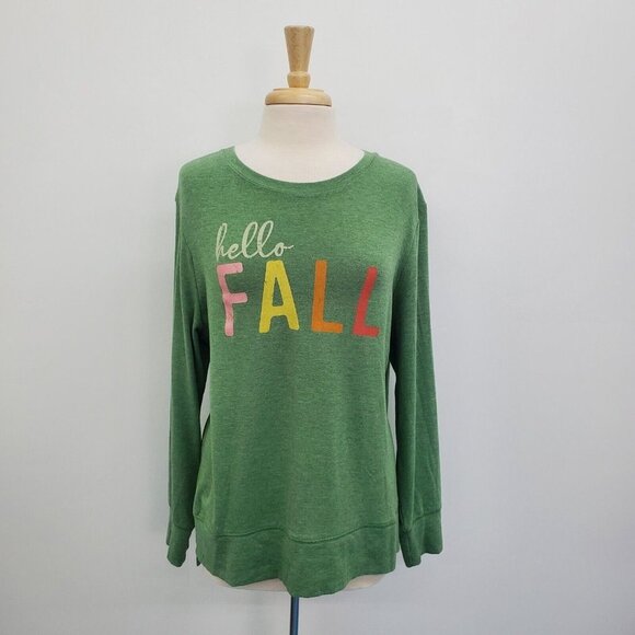 Positivi Tees Womens Hello Fall Green Heather Graphic Long Sleeve T-Shirt XL - Picture 1 of 11